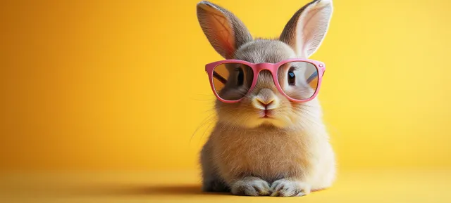 Fluffy Easter bunny wearing pink sunglasses sits centered against a bright yellow background.