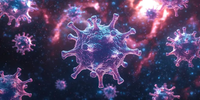 Multiple glowing virus particles float in dark space with detailed purple-blue surface textures.