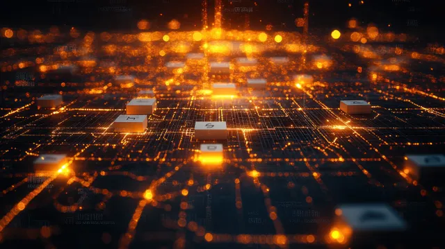 Glowing data cubes on a network grid, connecting teams across a digital city