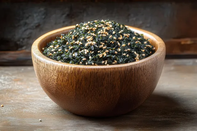 A wooden bowl filled with seasoned dried seaweed and sesame seeds sits on a rustic wooden table.