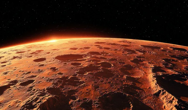 Rugged cratered Mars landscape stretches under a fiery horizon glow with stars scattered across the dark sky.