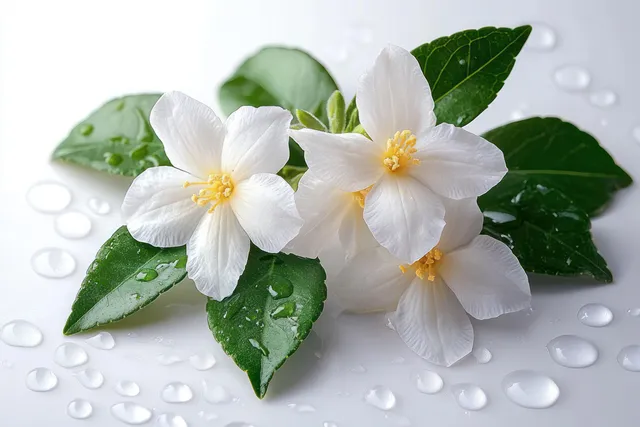 White jasmine blossoms with yellow centers and water droplets lie on wet green leaves over a smooth white background.