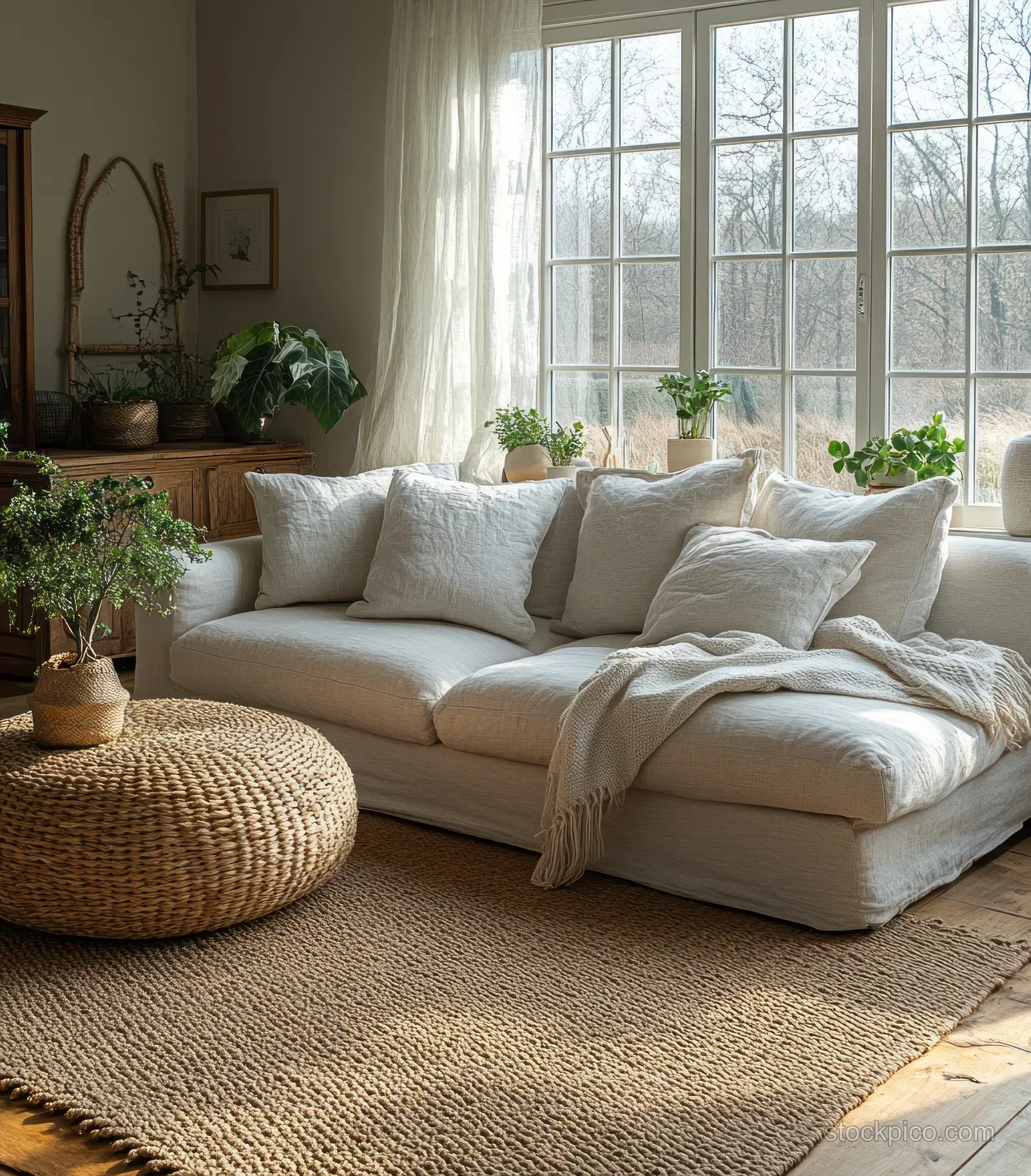 Cream plush sofa and woven ottoman in a bright Scandinavian living room with potted plants and large windows.