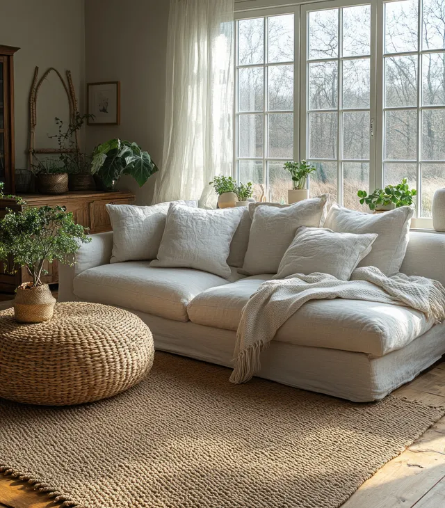 Cream plush sofa and woven ottoman in a bright Scandinavian living room with potted plants and large windows.