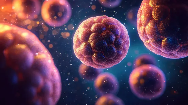 Neisseria meningitidis-like bacteria illustration floats among glowing cell spheres on a dark blue background.