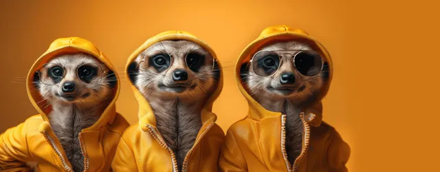 Three meerkats wearing yellow hoodies and sunglasses pose against a solid orange background.