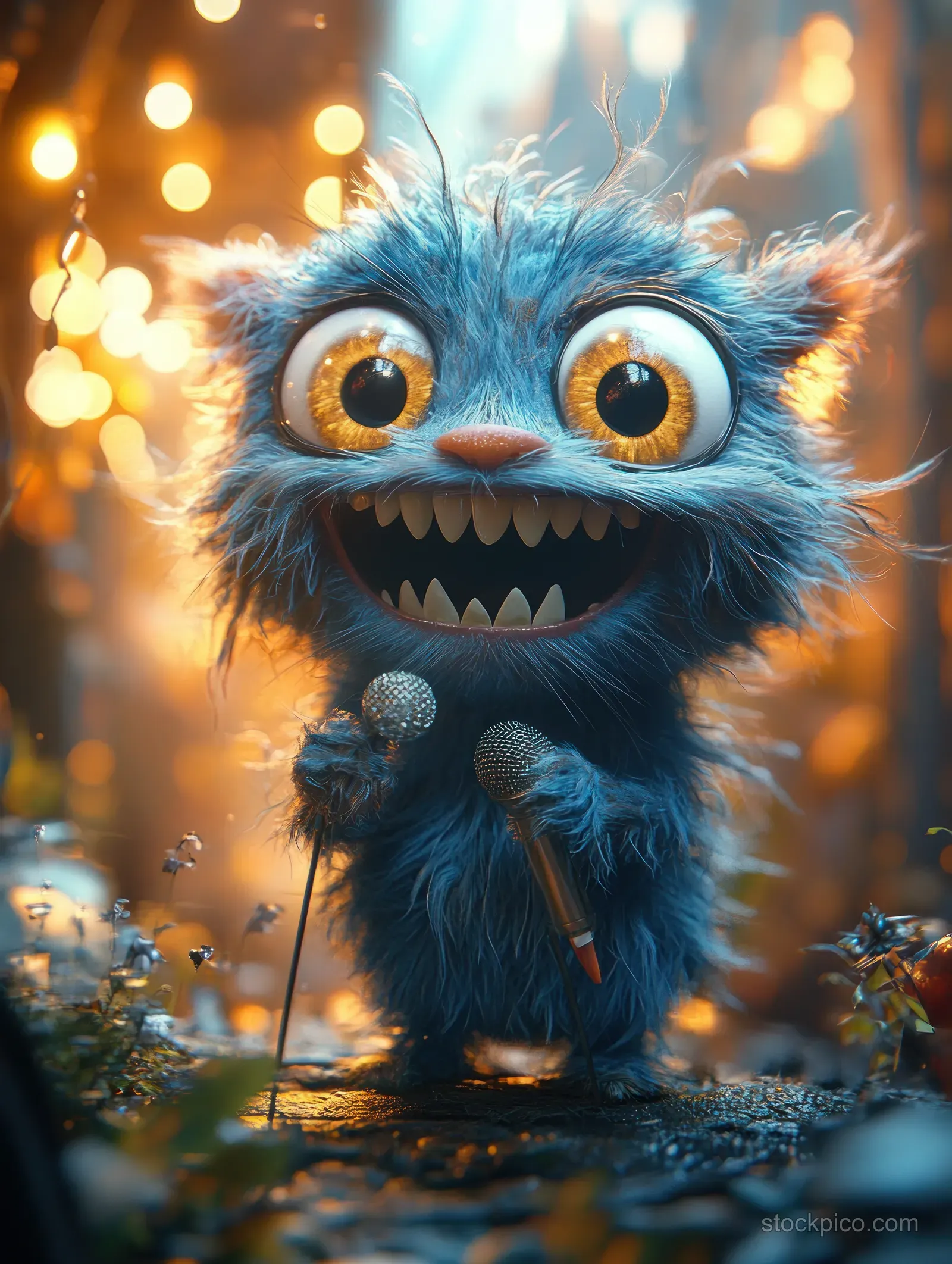 A blue furry monster mascot smiles with wide golden eyes and small teeth against a warm glowing bokeh background.