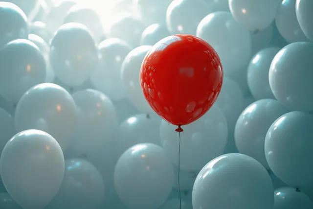 A red balloon stands out among many white balloons in a softly lit, airy scene.