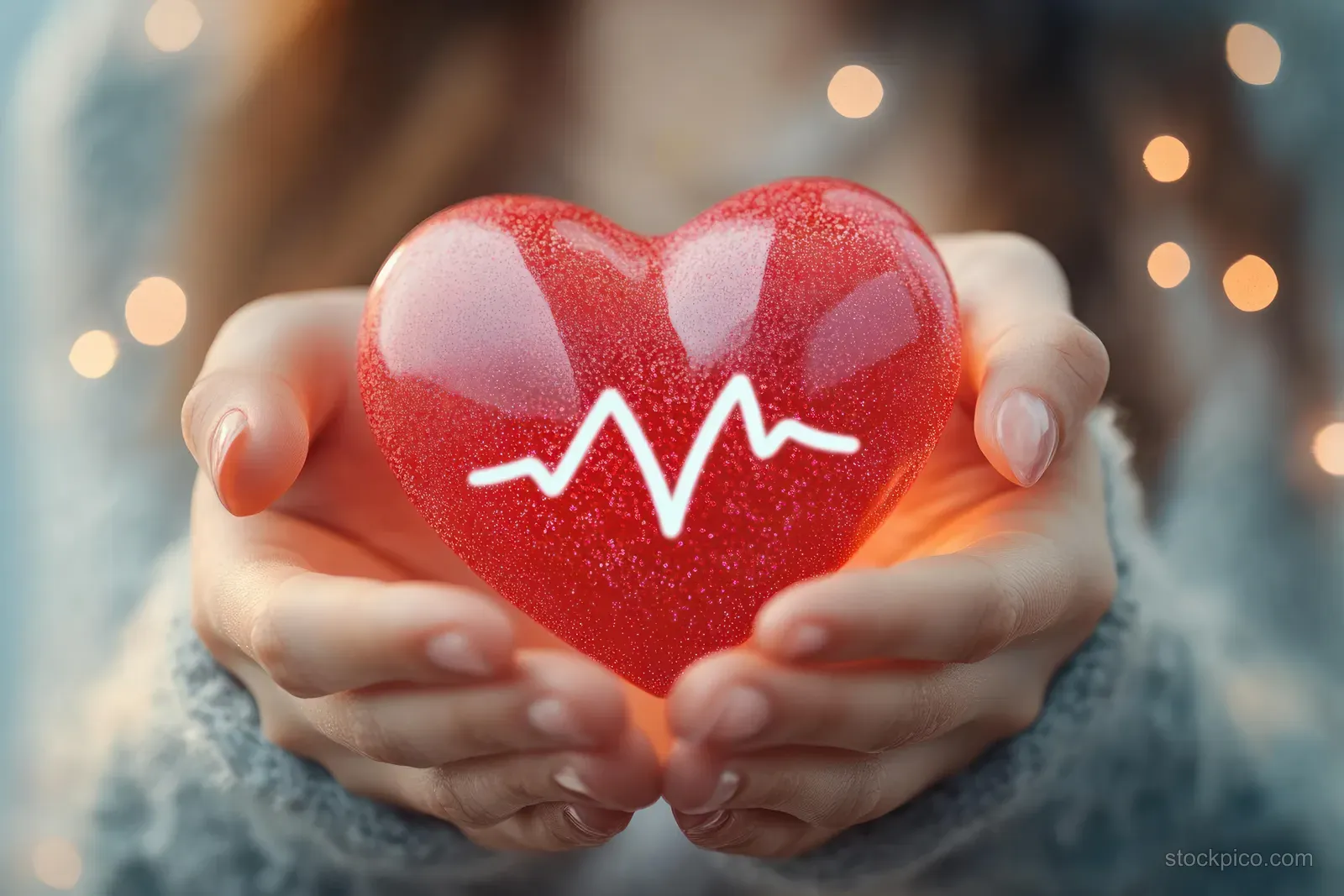 Gloved hands hold a glowing red heart with a white heartbeat line over a soft bokeh background.