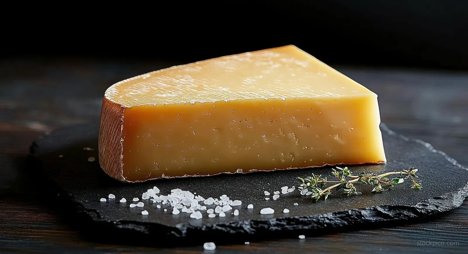 Wedge of hard cheese on a black stone plate with coarse salt grains and fresh thyme sprigs.