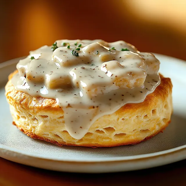 Flaky biscuit topped with creamy white sausage gravy and herbs on a simple plate