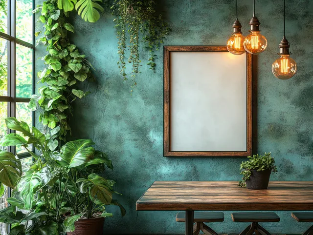 Cozy dining area with rustic wooden table and empty framed wall, warm hanging bulbs