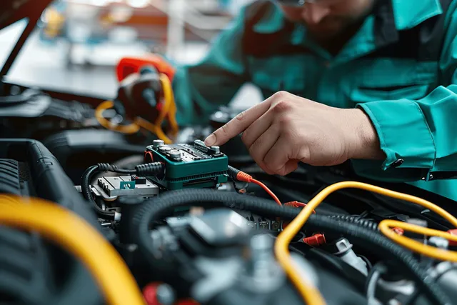 A mechanic holds multimeter probes over the car battery area in the open engine bay.