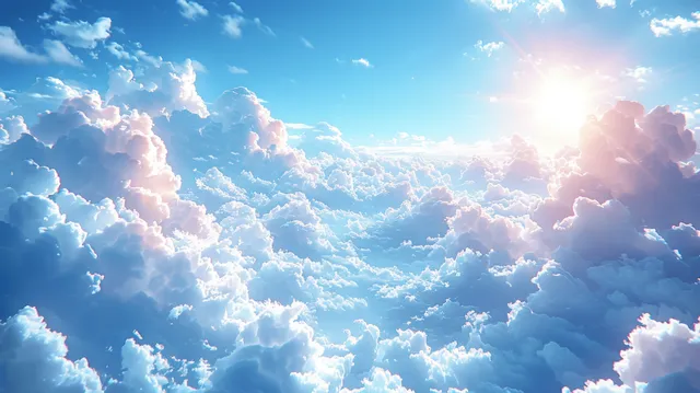 Serene Blue Sky with Fluffy White Clouds and Soft Sunlight