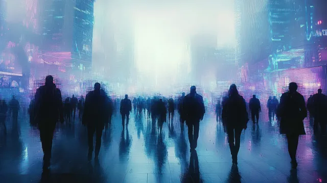 Silhouetted people walk down a neon cyberpunk street where they dissolve into glowing digital code and particles.