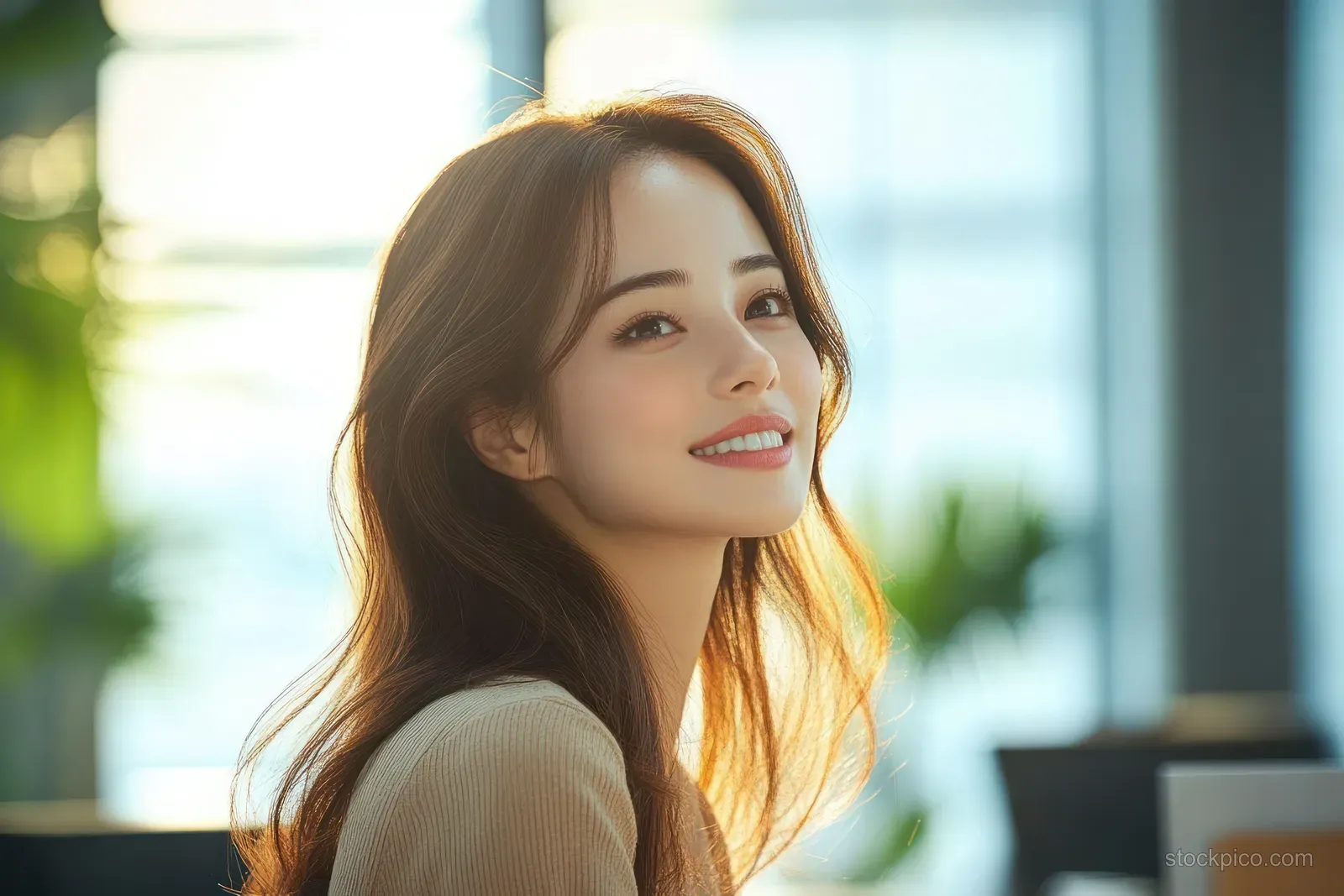 Smiling Asian businesswoman in a tailored suit posing waist-up in a bright office lobby with soft natural light.