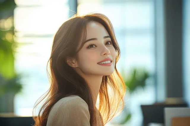 Smiling Asian businesswoman in a tailored suit posing in a bright office lobby