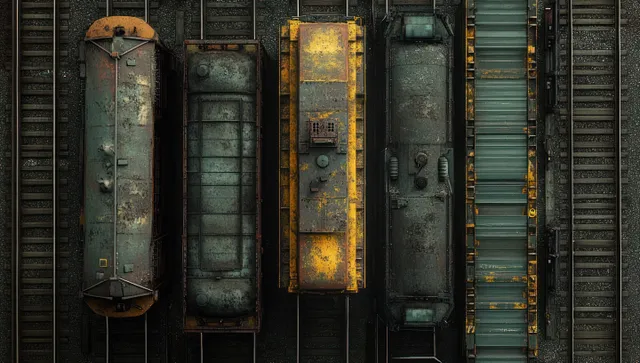 Aerial view of five rusted freight train cars on parallel tracks under dim industrial lighting