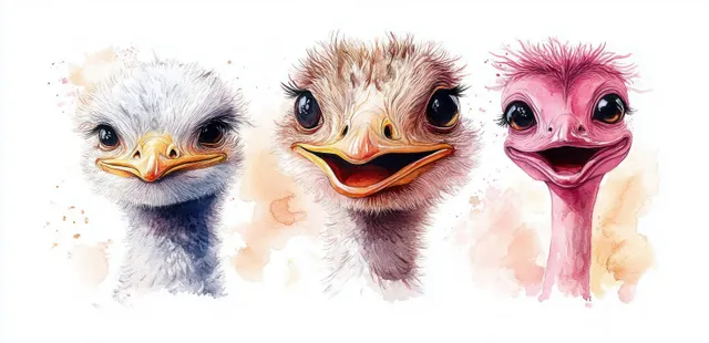 Whimsical watercolor ostrich, emu, and flamingo faces smiling in pink and peach splashes