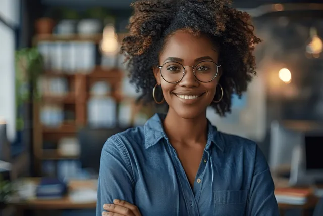Empresaria afroamericana sonriente, con cabello rizado y gafas, de pie con los brazos cruzados en una oficina con iluminación suave y estanterías detrás.