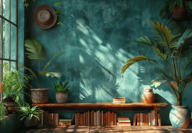 Wooden shelf with stacked books and potted plants against a green palm leaf wall with sunlight shadows.