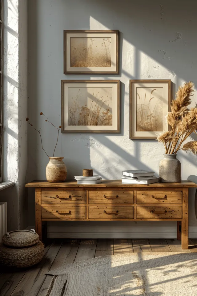 Sunlit Scandinavian living room with wooden sideboard and framed minimalist wall art with Light Wood Furniture