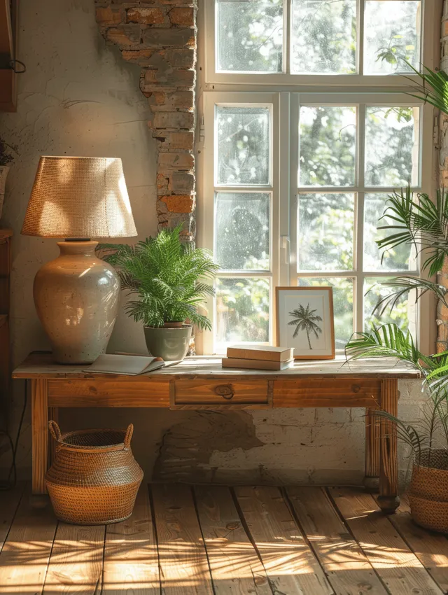 Boho desk by a sunlit window with potted plants, a lamp, and a blank A4 frame mockup for a poster.
