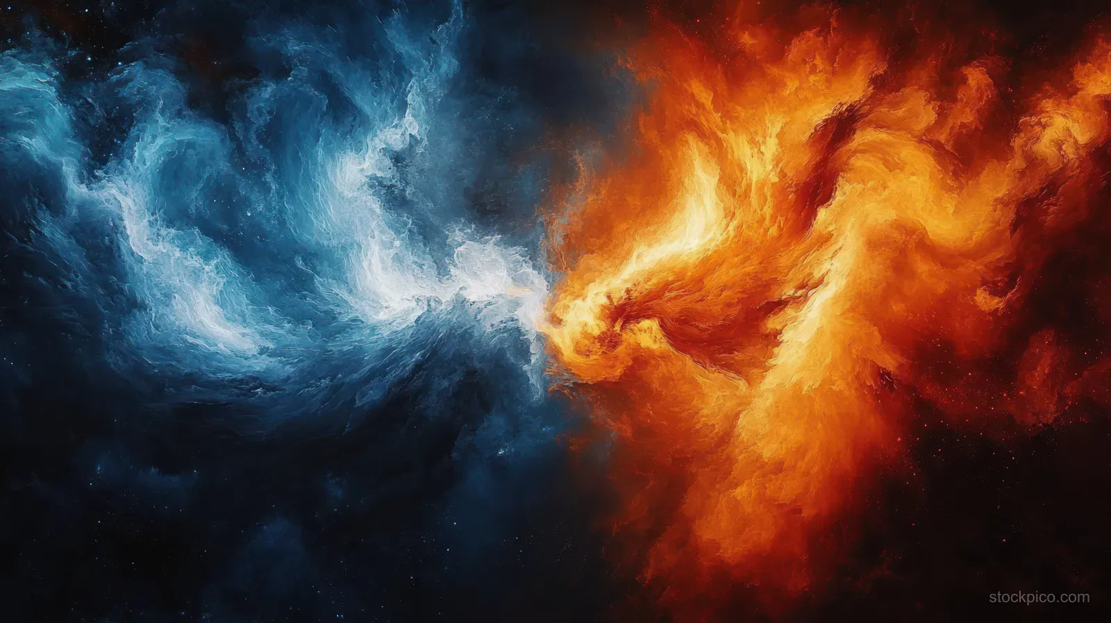 Abstract flames and icy mist collide in a swirling storm, forming smoky clouds with strong red and blue contrast.
