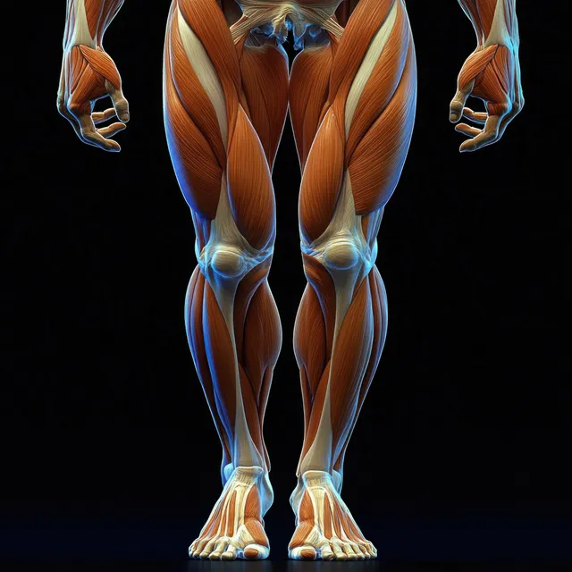Front-view anatomical illustration of human leg and arm muscles and tendons lit over a dark background.