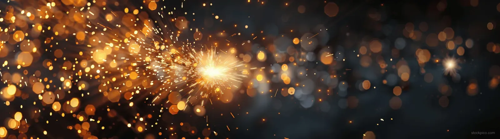 Golden sparkler flare bursts across a dark background with scattered glowing bokeh lights.