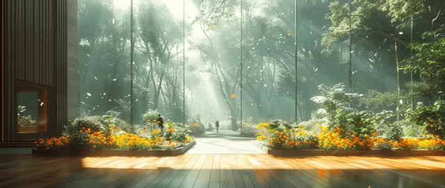 Sunlit sustainable office interior with large glass windows, greenery planters, and blurred people moving.