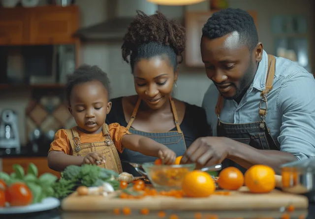 African American family cooking breakfast together, child learns in a warm kitchen