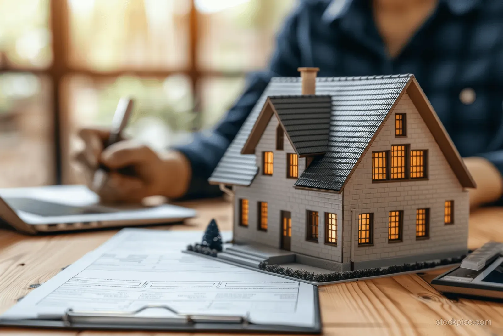 A house model on a desk while a person signs a mortgage contract in a softly lit office.