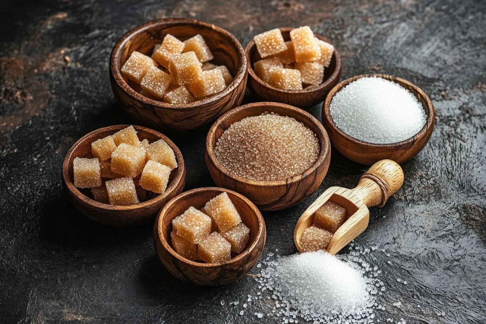 Brown sugar cubes and white granulated sugar sit in small wooden bowls with a wooden scoop on dark stone.