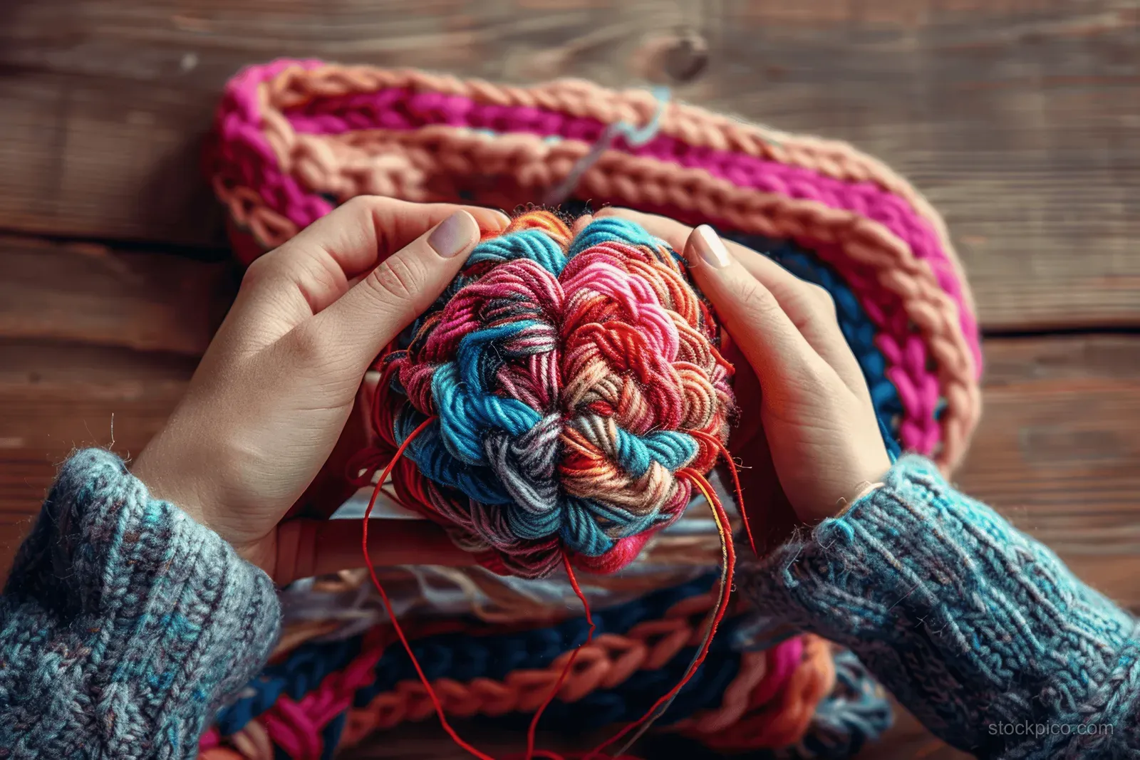 A person’s hands knit a multicolored yarn brain shape while red threads hang over a wooden table.