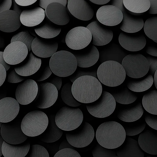 Black hockey pucks scattered across textured surface, monochrome top-down composition