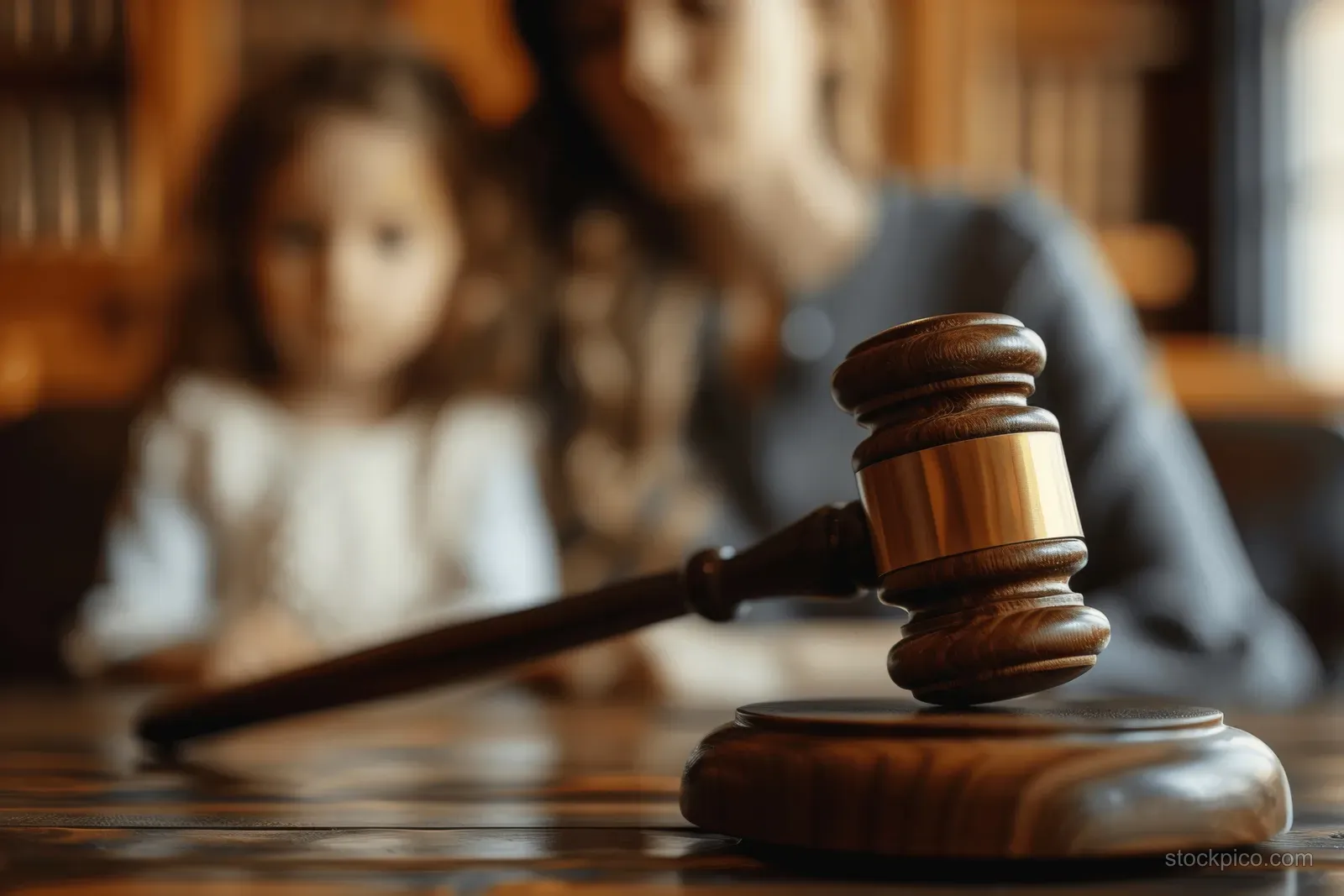 Wooden gavel on courtroom bench with blurred mother and child behind it.