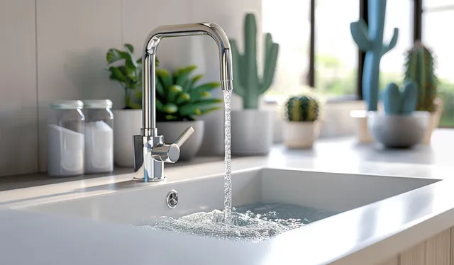 Kitchen sink with running faucet water and potted cacti on bright countertop with Home Decor