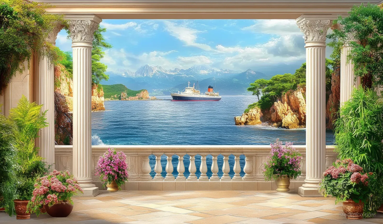 Mediterranean balcony with stone columns overlooks rocky coastline and a passing sailboat across blue water.