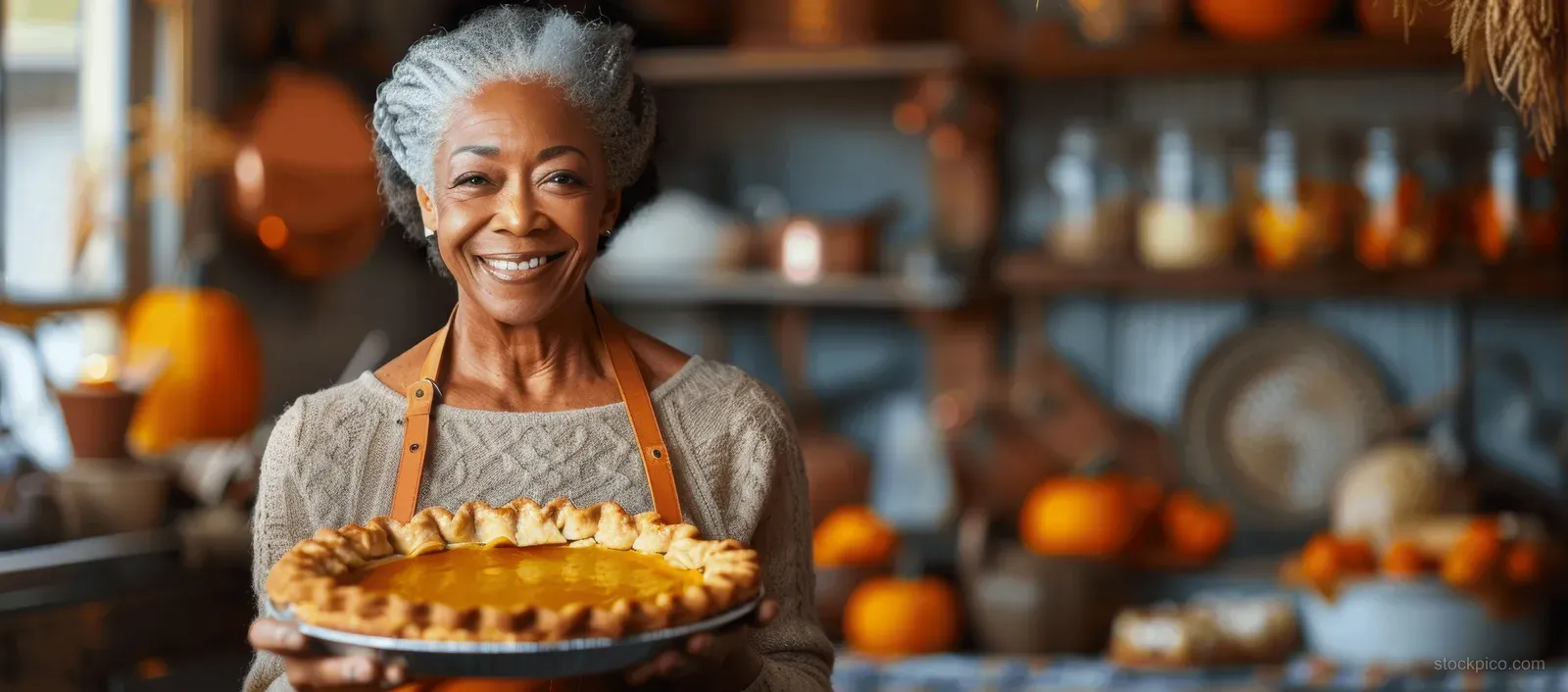 A smiling Black senior woman holds a pumpkin pie in a cozy autumn kitchen with warm seasonal decorations.