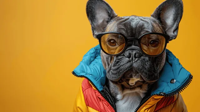 Trendy French bulldog wearing sunglasses and colorful jacket pointing forward on a bright yellow background with space for text.