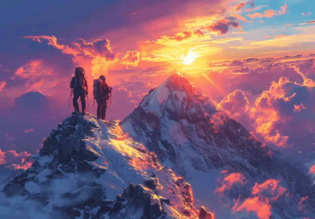 Climbers on snowy summit pose at sunset, radiant sky and towering mountain backdrop