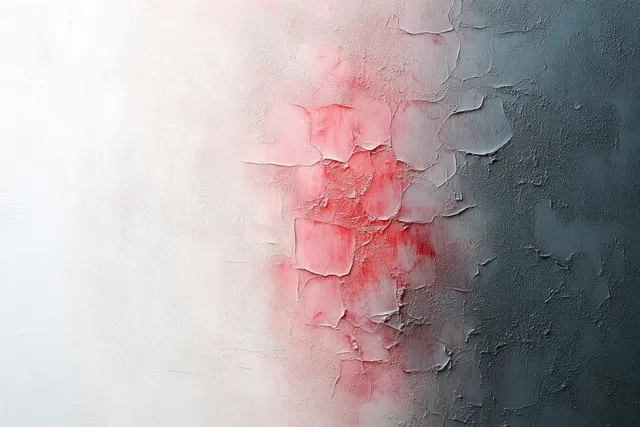 A textured wall with cracked, peeling paint revealing layered white, red, and gray tones.