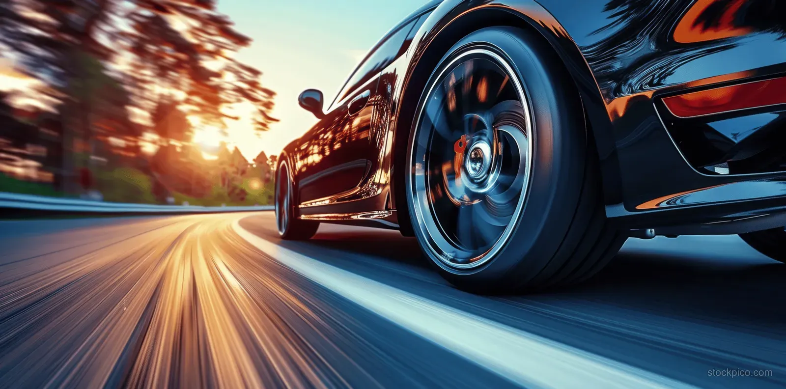 Red sports car wheel rolling on a highway at sunset with visible motion blur and sunlight highlights.