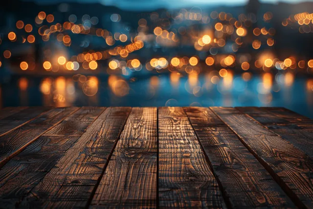 Empty wooden tabletop in front of warm golden bokeh lights against a dark background.