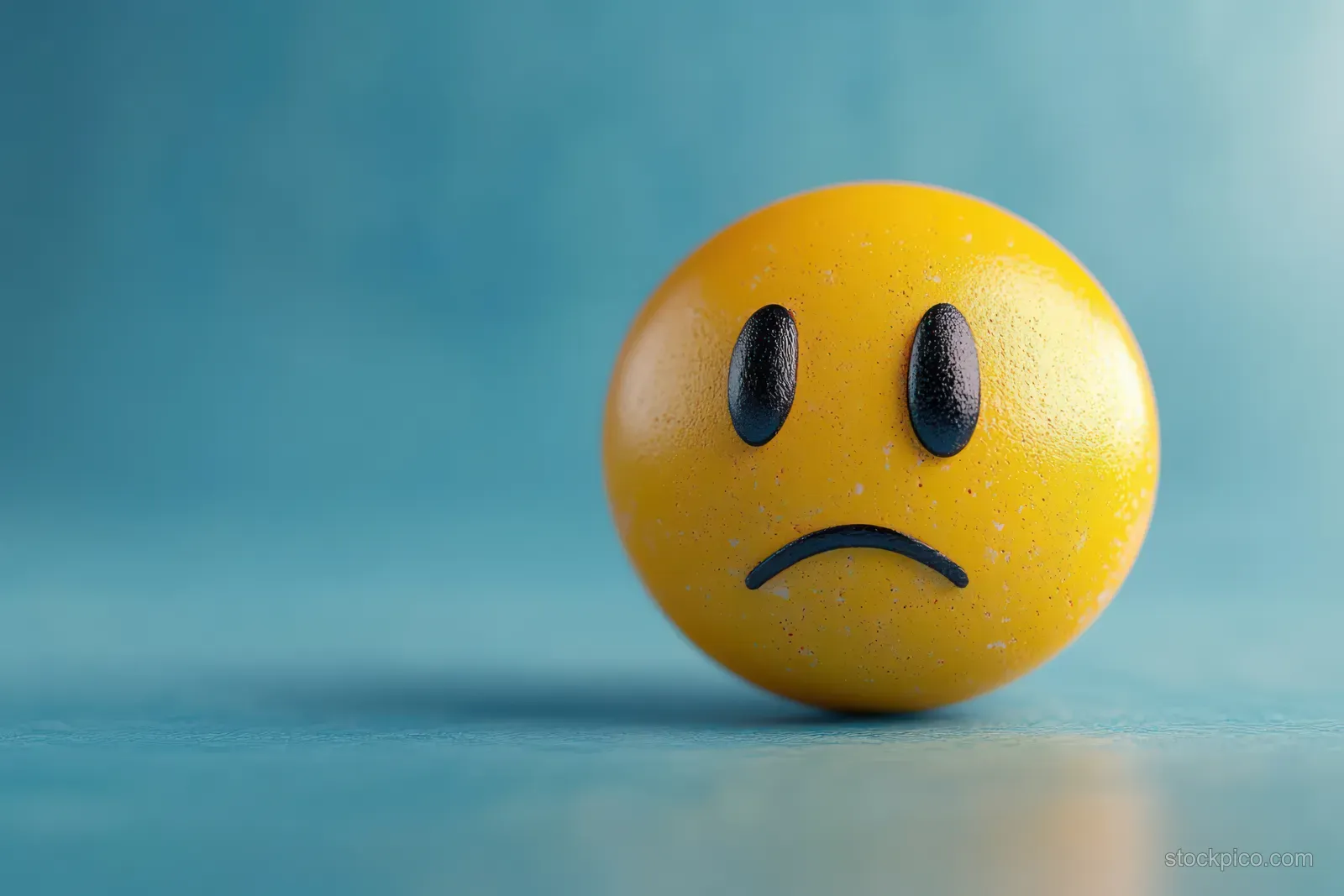 A yellow sphere with a sad face rests on a textured blue surface with soft lighting and reflection.
