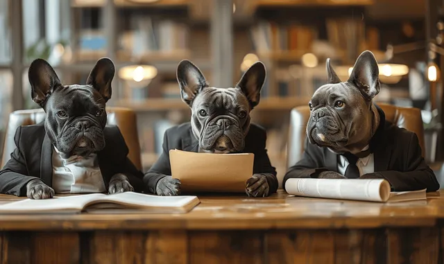 Three French bulldogs in formal suits sit at a library table reviewing papers and documents.