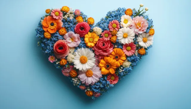 Heart-shaped floral bouquet with vivid orange and pink blooms on light blue backdrop