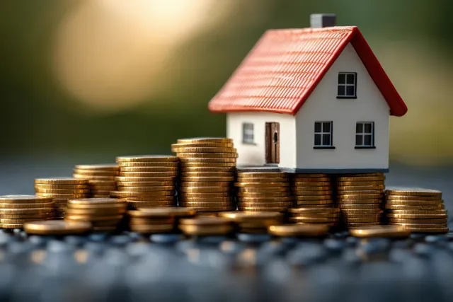 Model House on Stacks of Golden Coins for Real Estate Investment Growth