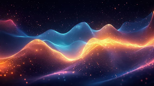 Neon light waves ripple across a futuristic digital landscape of glowing blue and orange